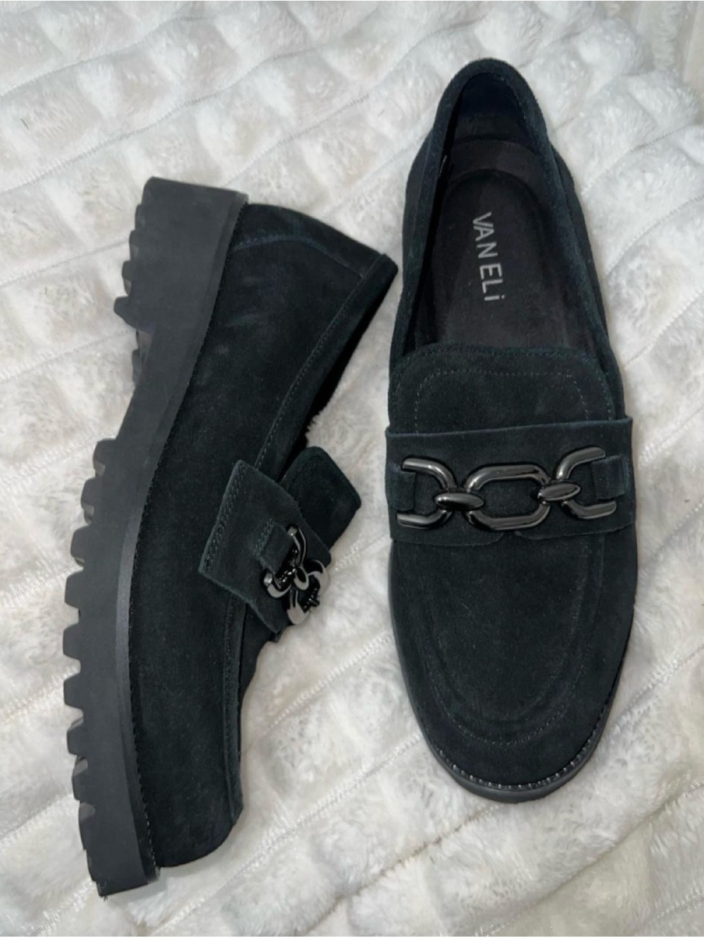 Vaneli  Black Suede Chain Loafers